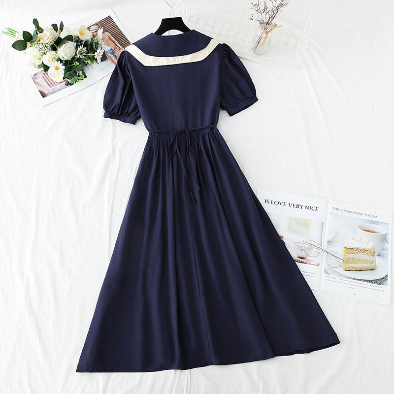 French retro doll collar bubble sleeve waist closing tea break skirt  4268