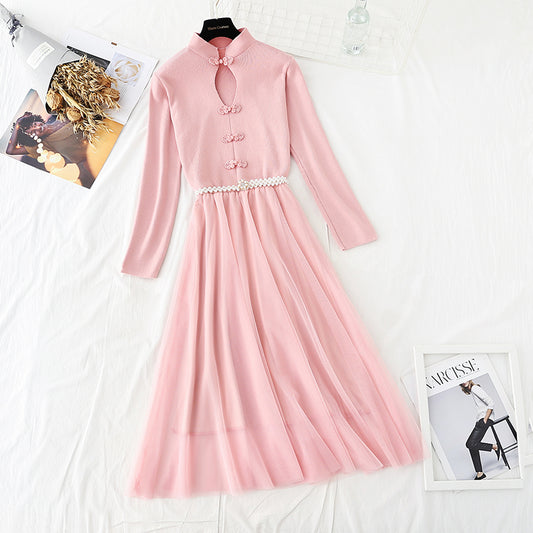 New Chinese style retro disc mesh stitched fairy bottomed knee length skirt  4550