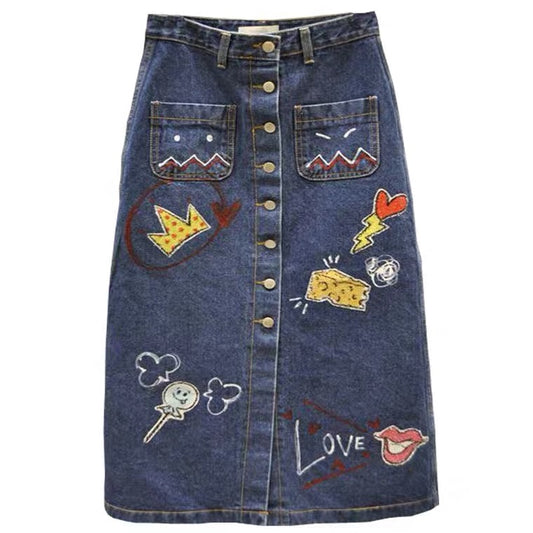 Spring and autumn new style, fashion cowboy skirt, women bodycon denim skirt,cute print A line long skirt  3671