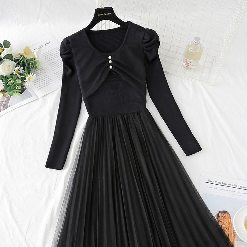 Mesh stitched knitted dress temperament long skirt  4416