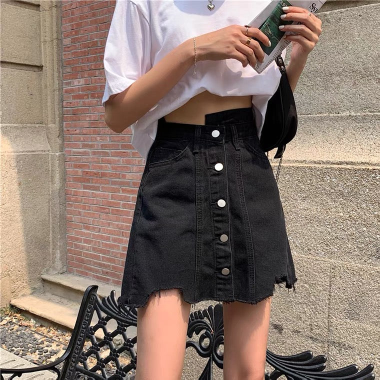Irregular black skirt, summer, new style, high-waisted A-line skirt  3656