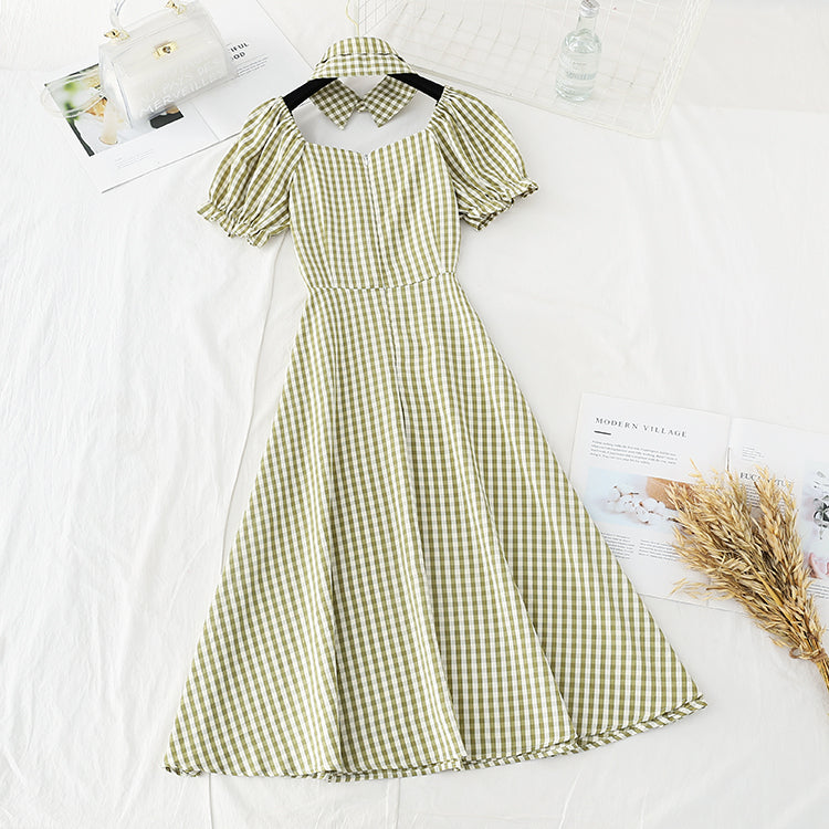 New style bubble sleeve design sense of minority French retro plaid skirt  4691