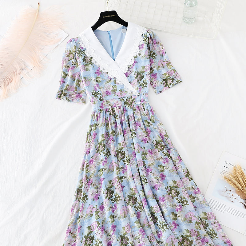 Irregular cross neck long cut-out waist closing thin Chiffon Dress  4687