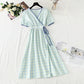 One piece cotton linen Plaid Dress waist closing temperament skirt  4262