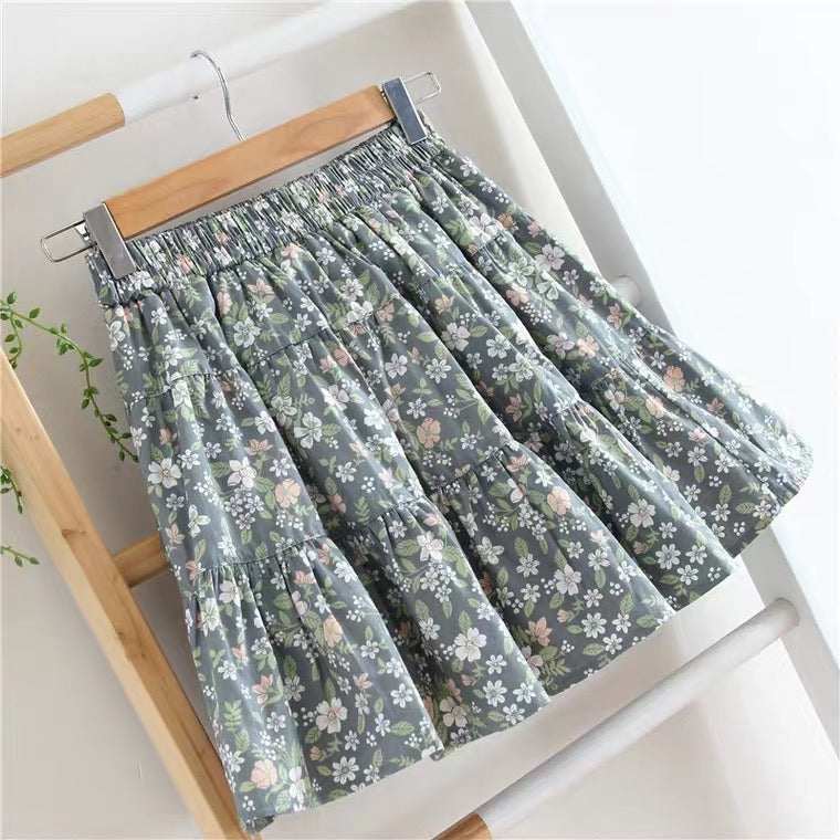 New style, cotton and linen, small fresh, A-line pleated skirt, floral skirt  3584