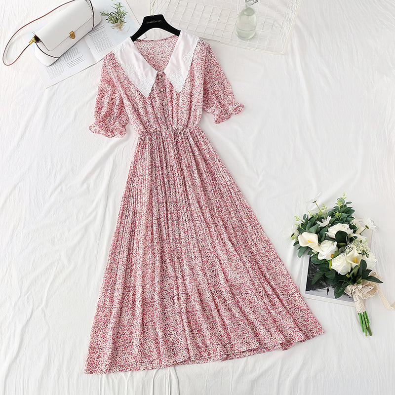 New doll neck Floral Chiffon pleated French retro fairy skirt  4880