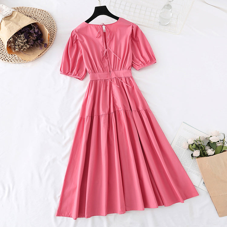 New style slim waist with bubble sleeves French minority long skirt  4506