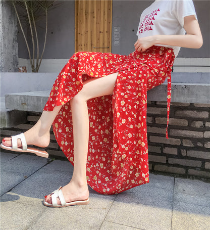 Summer, new style, chiffon split skirt, floral, high waist tie, beach sun protection holiday wrap skirt  3628