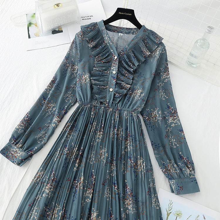 New Retro slim light mature wind broken flower pleated fairy Chiffon Skirt  4718