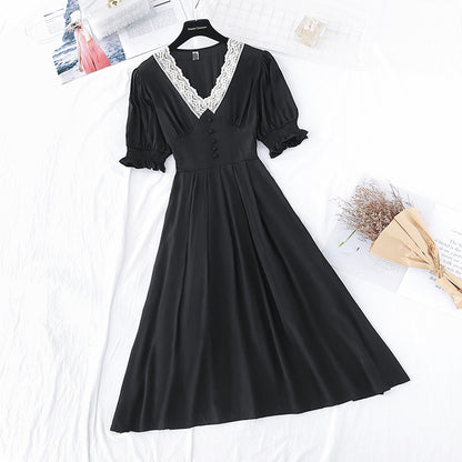 New super fairy bubble sleeve gentle wind high waist slim dress  4688