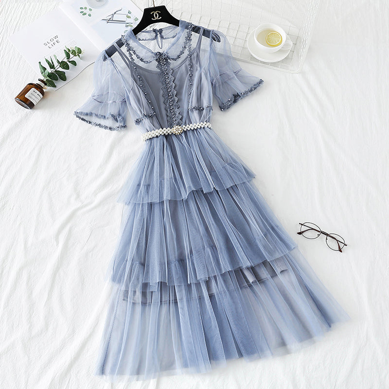 Mesh dress high waist layered cake skirt  4338