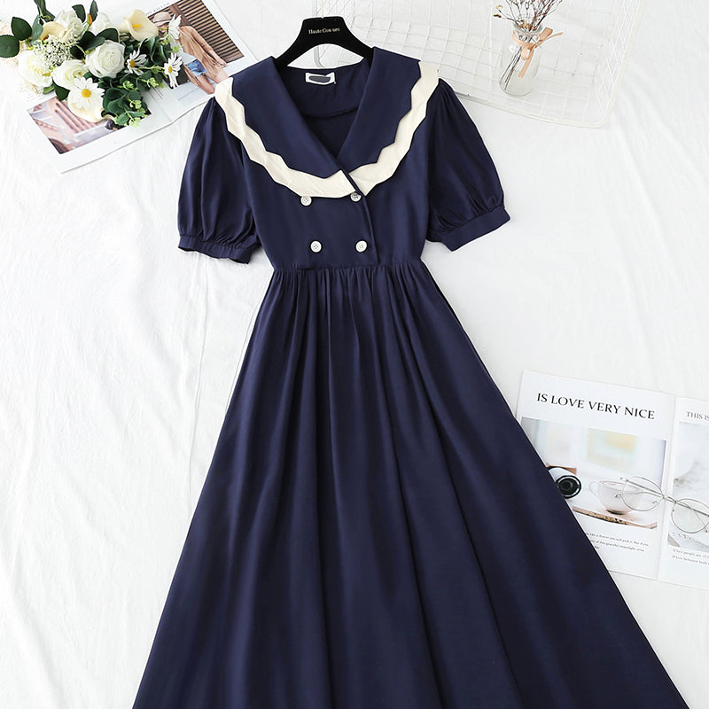 French retro doll collar bubble sleeve waist closing tea break skirt  4268