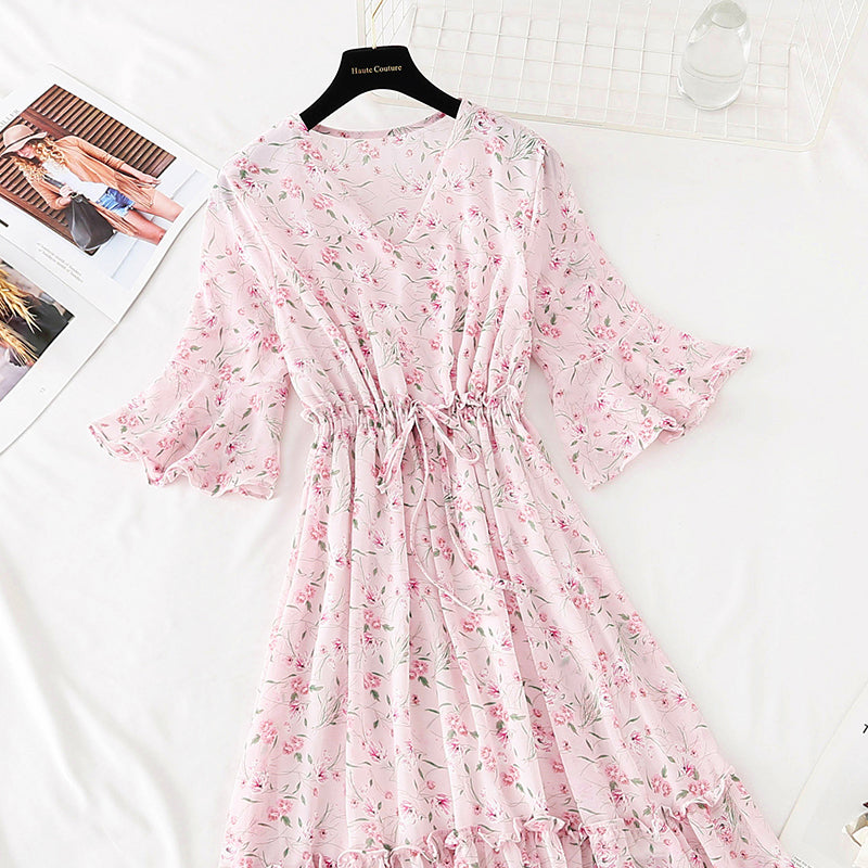 The new waist is slim, pleated lace up Chiffon French retro long skirt  4507