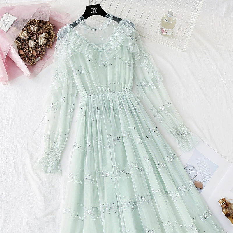 Fairy Sequin gauze dress Ruffle suspender  4321
