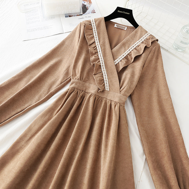 New Ruffle age reducing slim corduroy dress  4753