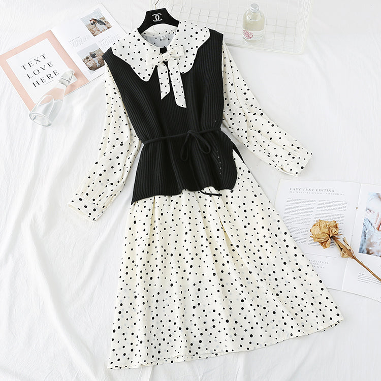 Knitted vest Sen sweater sweet wave point Chiffon Skirt Set two-piece set  3991