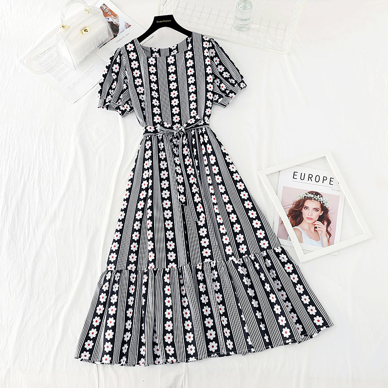 New dress Daisy stripe waist closing slim French minority dress  4645