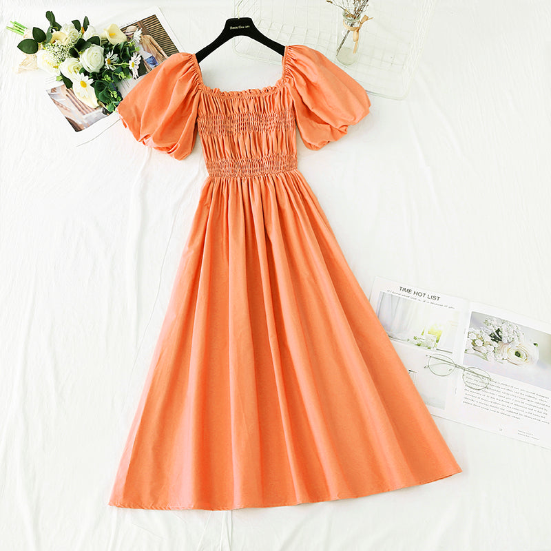 New French square neck off shoulder bubble sleeve cotton linen dress  4255