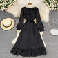 Kleid mit eckigem Ausschnitt und Blasenärmeln, schwarzer kleiner ausländischer Rock 3789