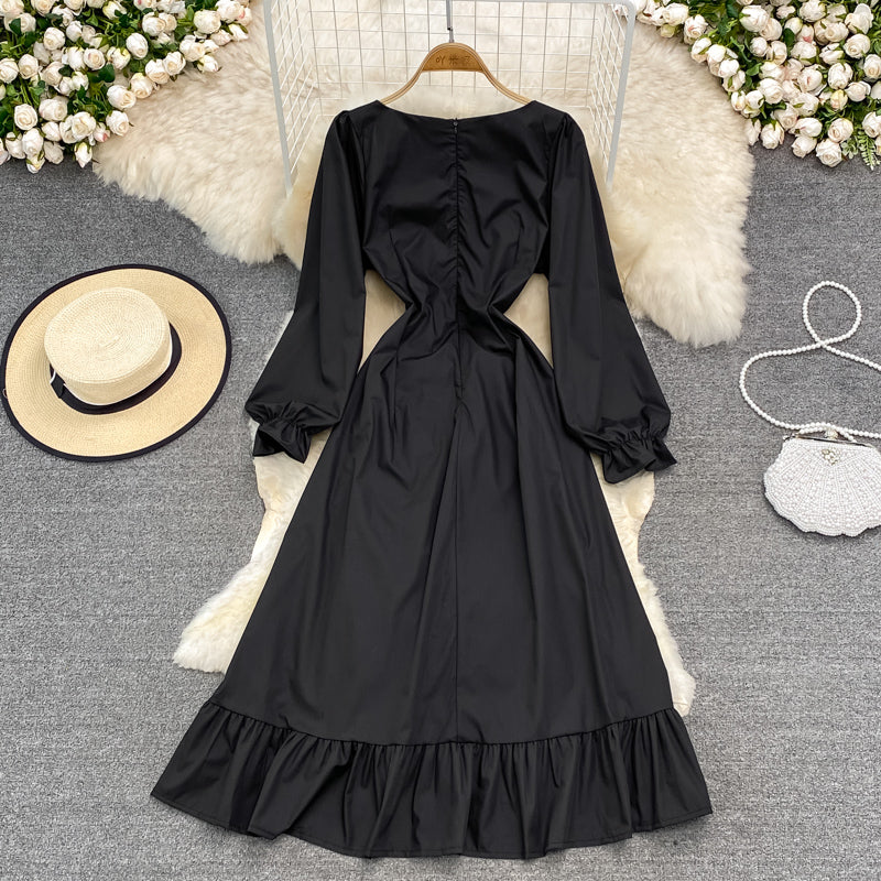 Kleid mit eckigem Ausschnitt und Blasenärmeln, schwarzer kleiner ausländischer Rock 3789