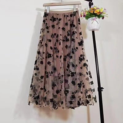 Nouvelle jupe, jupe en gaze de maille brodée de fleurs floquées 3697