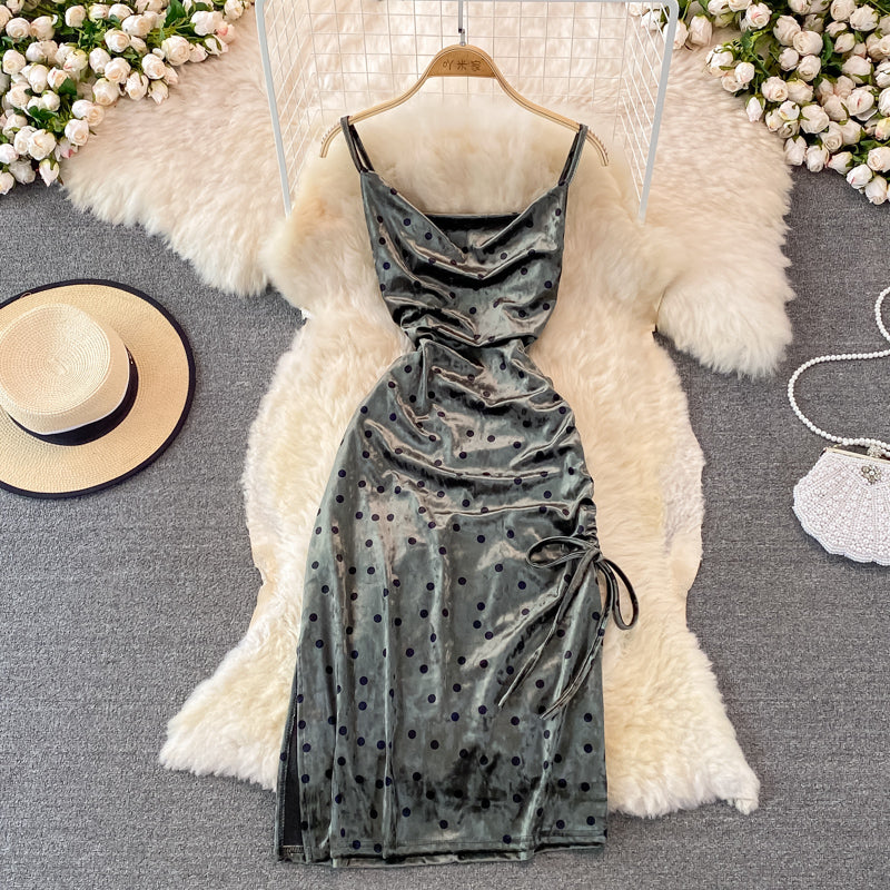 Velvet sexy swing neck long suspender drawstring split dress  3757