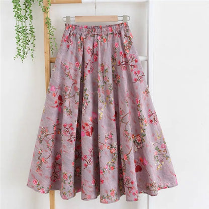 Flower skirt, cotton and linen midi skirt with pocket, purple A-line skirt  3573
