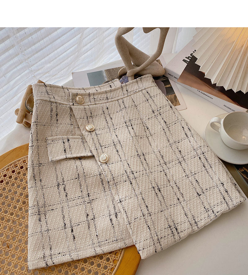 Irregular design high waist single breasted A-line slim plaid skirt  5382