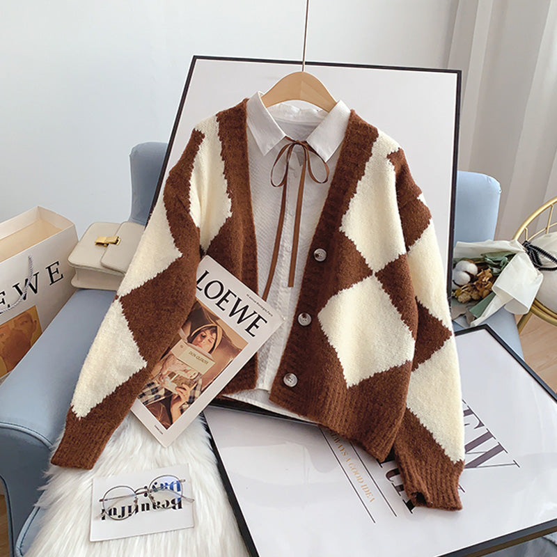 Vintage rhombic contrast cardigan sweater knitted jacket  5242
