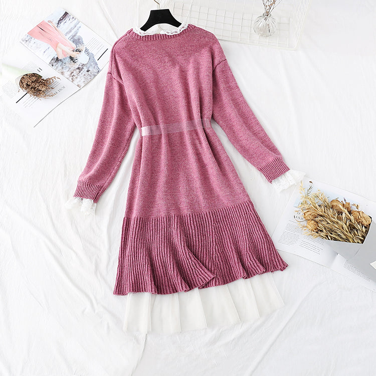 Knitted over knee wool dress with mesh inner skirt  3999