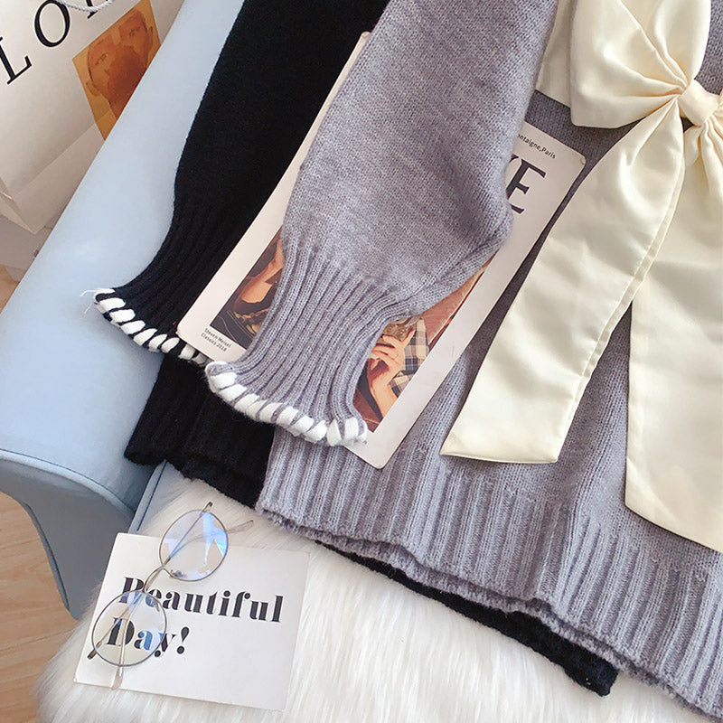 Bow sweater lazy knit bottomed shirt  5004