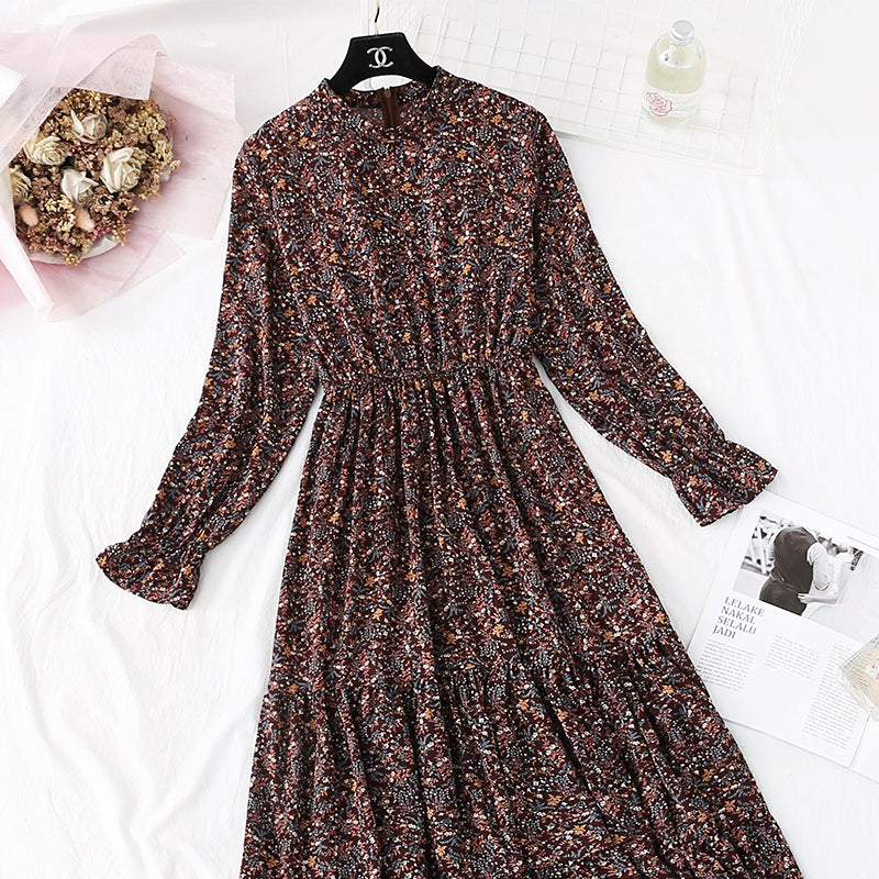 Floral dress French retro half high neck inside  4486
