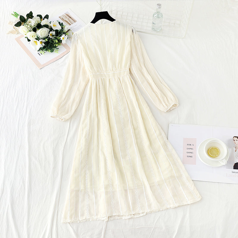 French retro V-neck waist closed thin long sleeve Knee Skirt super sweet  4759