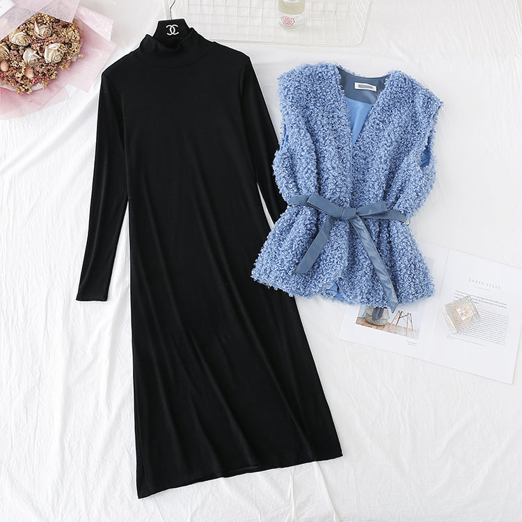 Black bottomed dress + Lamb Fur Vest long skirt  4456