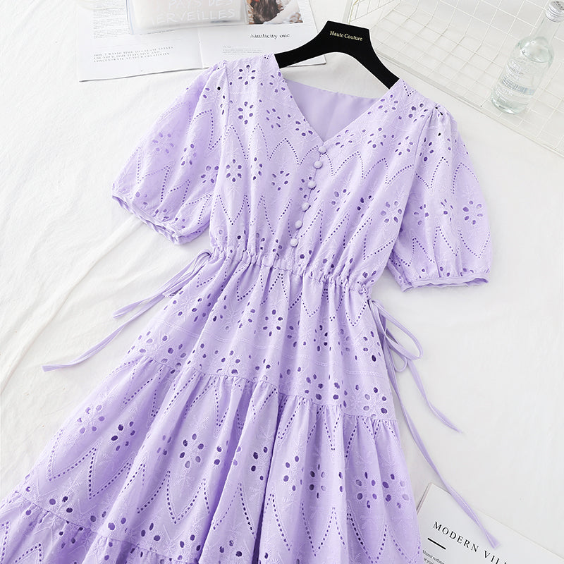 Hook embroidery French retro waist closing long skirt with thin temperament  4221