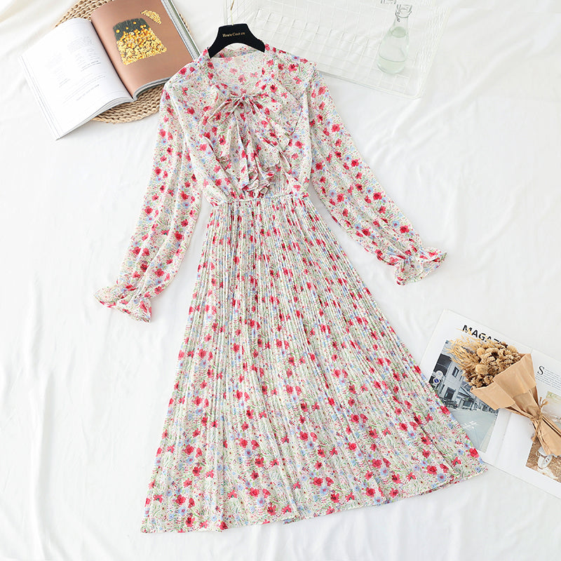 Broken Flower Chiffon pleated skirt with high and thin length over the knee  3878