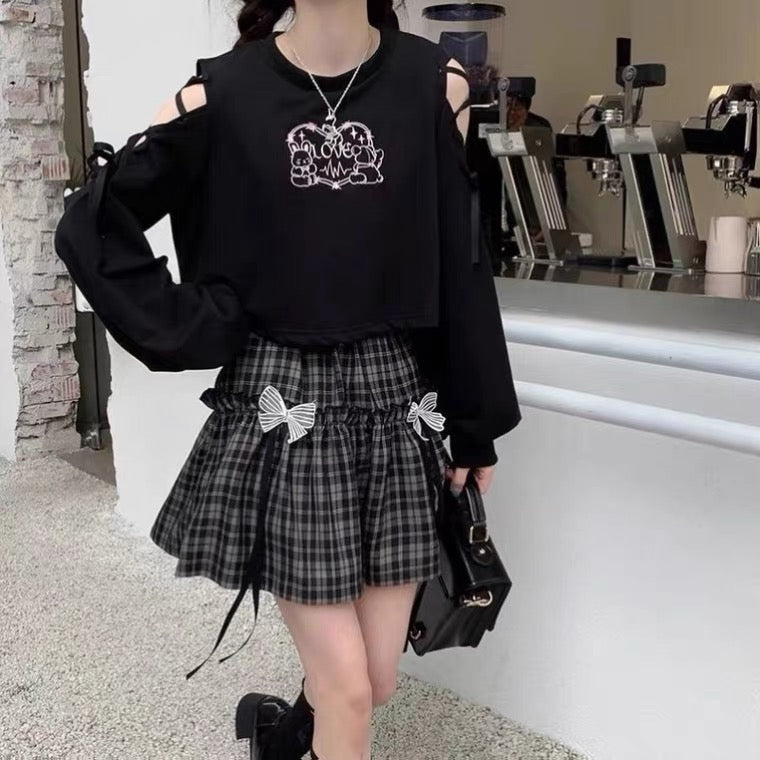 Black plaid skirt, students-loose cute cake lace skirt with bowknot  3608