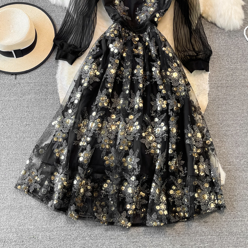 Heavy industry embroidery round neck mesh A-line dress  3747