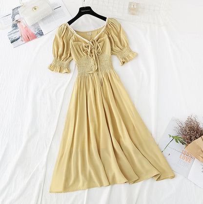 New style bubble sleeve length French retro skirt with slim waist  4218