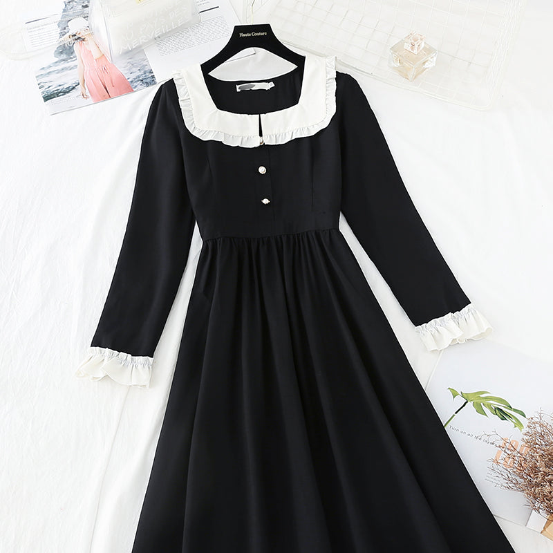 Ruffled baby collar French small black skirt long style  3834