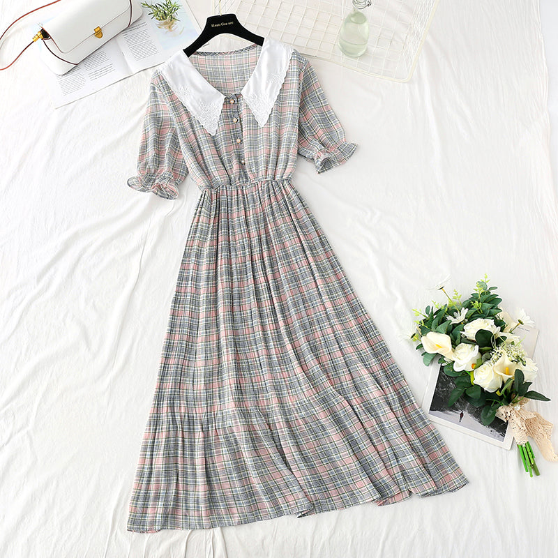 New doll neck Floral Chiffon pleated French retro fairy skirt  4880