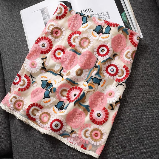 Mesh heavy embroidery, high waist pink girl half skirt  3643