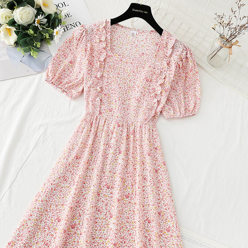 French first love sweet square neck bubble sleeve tea break skirt  4890