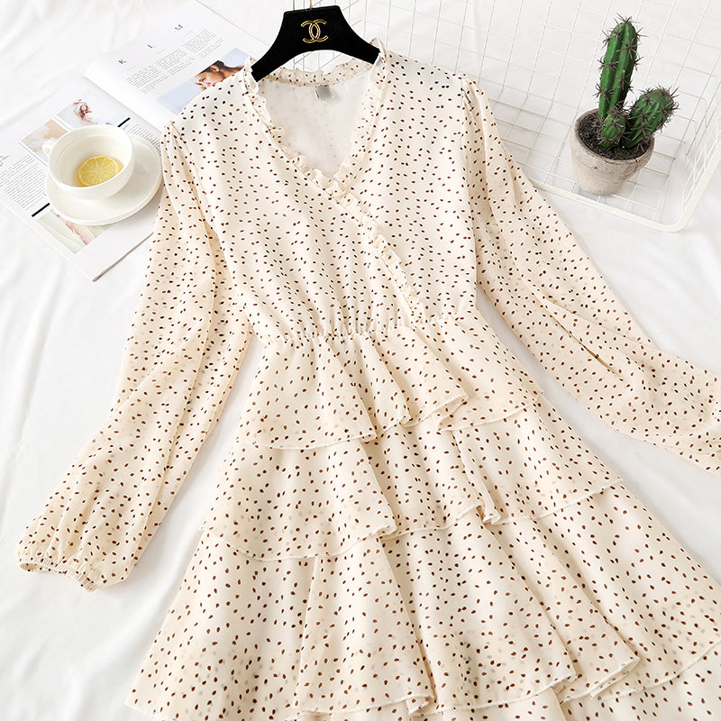 V-neck wave point Chiffon Dress  3730