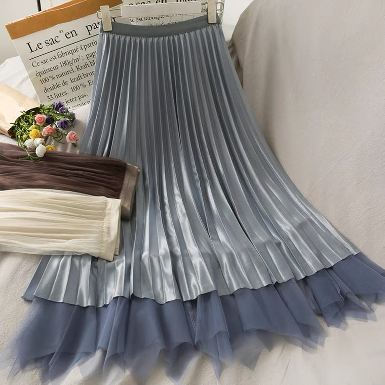 Vintage, glossy, high-waisted, mid-length skirt, spring/summer, A-line pleated skirt  3672