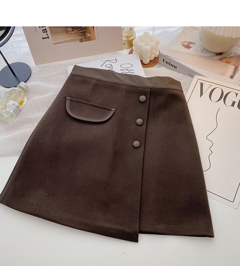 New Korean casual retro design button high waist color blocking a-word skirt  5333