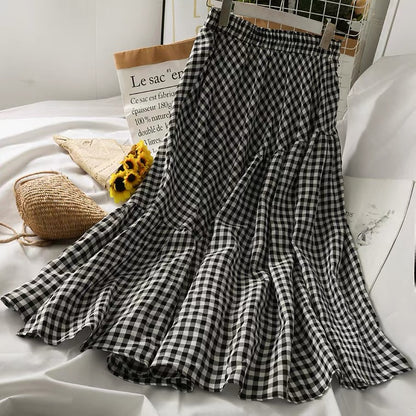 Vintage plaid patchwork flounce skirt, high waist casual loose A-line skirt  3615