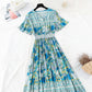 V-neck French waist closing thin Floral Cotton Dress  4212