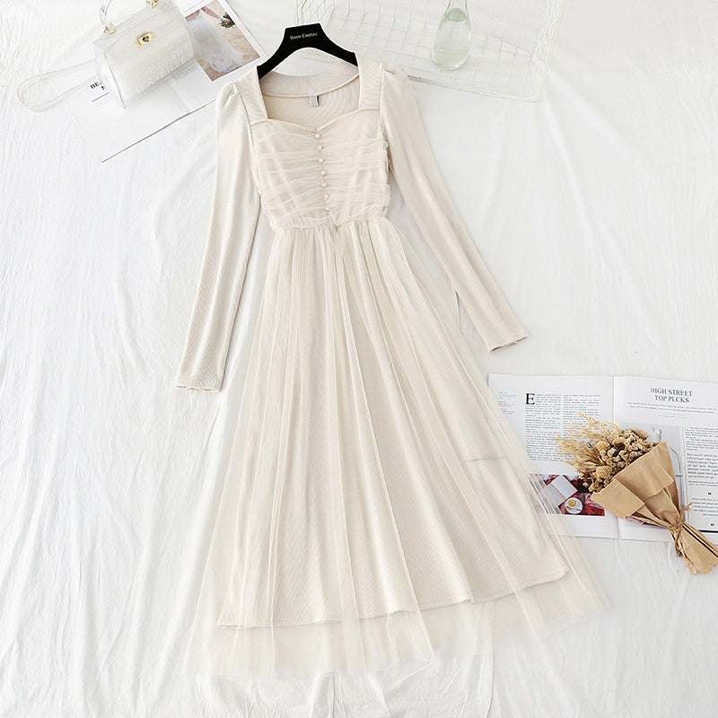 Square neck thin French retro light mature dress  4405