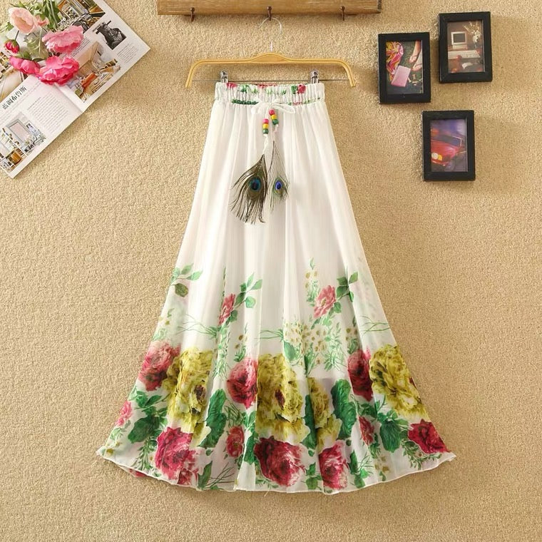 Summer, Bohemian midi skirts, chiffon skirts, vintage printed, elastic-waisted dresses  3636